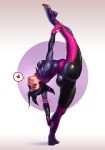  1girl ass black_hair bodysuit breasts drill_hair eyepatch flexible grin han_juri highres leg_lift leg_up nose purple_eyes smile solo split standing standing_on_one_leg standing_split street_fighter street_fighter_v twin_drills valentina_tavolilla 