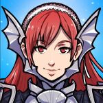  1girl akairiot blue_background cherche_(fire_emblem) commission eyebrows_visible_through_hair fire_emblem fire_emblem_awakening long_hair looking_at_viewer portrait red_eyes red_hair shadow smile solo 