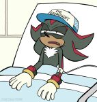  2018 5_fingers anthro bed biped black_body black_fur blue_clothing blue_hat blue_headwear cartoon_network clothing digital_media_(artwork) english_text eulipotyphlan fingers fur furniture gloves handwear hat headgear headwear hedgehog hospital hospital_bed inside iv_line jadegullyzone lying male mammal narrowed_eyes on_back open_mouth red_body red_eyes red_fur regular_show shadow_the_hedgehog solo sonic_the_hedgehog_(series) text text_on_clothing text_on_hat text_on_headwear watermark white_body white_clothing white_fur white_gloves white_hat white_headwear 