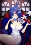  1girl alcohol anntan bangs blue_hair blue_neckwear breasts cleavage cloud9 cup detached_collar dress drinking_glass english_commentary hair_between_eyes head_tilt highres holding holding_cup horns large_breasts looking_at_viewer red_dress red_eyes red_nails sitting solo_focus vienna_(vtuber) window wine wine_glass 