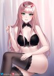  1girl ass bangs black_bra black_legwear black_panties blunt_bangs blush bra breasts cleavage darling_in_the_franxx green_eyes hairband helloimtea highres horns long_hair looking_at_viewer medium_breasts oni_horns panties pink_hair red_horns smile thighhighs thighs underwear white_hairband zero_two_(darling_in_the_franxx) 