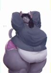  anthro belly belly_overhang big_belly black_hair breasts camilla_(emberwick) clothed clothing emberwick female hair hands_behind_head hi_res looking_at_viewer mammal obese obese_anthro obese_female one_eye_closed overweight overweight_anthro overweight_female signature simple_background solo white_background 