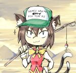  1girl :3 animal_ears bangs baseball_cap bow bowtie brown_hair cat_ears cat_tail chen closed_mouth commentary english_commentary fishing_rod hair_between_eyes hat holding holding_fishing_rod long_sleeves looking_at_viewer lure multiple_tails red_skirt red_vest setz shirt short_hair skirt skirt_set solo sparkle tail touhou two_tails upper_body vest white_shirt women_fear_me_fish_fear_me_(hat) yellow_neckwear 