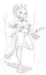 2020 ababababa_nova anthro belly blush breasts clothed clothing ear_tuft female greyscale hair hi_res kemono long_hair looking_at_viewer melee_weapon monochrome small_breasts solo standing sword tuft weapon 