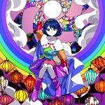  1girl bangs blue_eyes blue_hair boots cape cloud dress footwear_ribbon full_body hair_between_eyes kaigen_1025 knees_together_feet_apart lantern looking_at_viewer multicolored multicolored_clothes multicolored_dress multicolored_hairband pointing pointing_down pointing_up pose purple_footwear rainbow rainbow_gradient short_hair sitting sky_print solo tenkyuu_chimata touhou two-sided_cape two-sided_fabric white_cape 