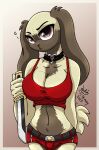  2021 anthro beastars big_breasts border bottomwear breasts cleavage clothed clothing collar dagger female fur gradient_background hi_res joakaha kyuu_(beastars) lagomorph leporid mammal melee_weapon multicolored_body multicolored_fur rabbit red_clothing shorts signature simple_background two_tone_body two_tone_fur weapon white_border 