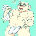  1:1 2021 anthro asian_clothing blue_background blush clothing east_asian_clothing eyewear fundoshi fur glasses hiryuuuuuuuuu humanoid_hands japanese_clothing kemono leib_(tas) male mammal moobs nipples overweight overweight_anthro overweight_male polar_bear simple_background solo tokyo_afterschool_summoners towel underwear ursid ursine video_games white_body white_fur 