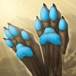  1:1 4_toes black_claws blue_pawpads blurred_background brown_body brown_fur canid canine claws close-up feet foot_focus fox fur glowing mammal outside pawpads sandstorm small_claws sun toe_claws toes twilightsaint zelminax 
