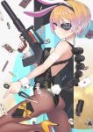  1girl ace_of_hearts animal_ears assault_rifle backless_outfit black_leotard blonde_hair breasts bullpup bunny_tail card commentary_request detached_collar explosive eyebrows_visible_through_hair eyepatch fake_animal_ears fake_tail grenade gun harness high_heels highres kunai leotard looking_at_viewer original ots-14 pantyhose playboy_bunny playing_card poker_chip purple_eyes rifle samaru_(seiga) short_hair small_breasts solo strapless strapless_leotard suppressor tail thigh_sheath trigger_discipline weapon weapon_request wrist_cuffs 