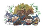  1boy 1girl animal asaya_minoru black_hair blue_gloves blue_headband canyne cat felyne fishnets fleeing gauntlets gloves headband kamura_(armor) long_tongue monster monster_hunter_(series) monster_hunter_rise open_mouth partially_fingerless_gloves red_eyes sharp_teeth sweat teardrop teeth tongue twitter_username wavy_mouth white_background wolf 