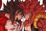  2boys anger_vein bare_pectorals black_hair bleeding blood blood_on_face blue_eyes brown_fur dragon_ball dragon_ball_gt dragon_ball_heroes earrings eye_contact face-to-face facing_another forehead-to-forehead gogeta head_to_head highres injury jewelry looking_at_another metamoran_vest monkey_boy monkey_tail multiple_boys muscular muscular_male no_nipples pectorals potara_earrings red_fur red_hair relio_db318 smirk spiked_hair super_saiyan super_saiyan_4 tail vegetto vegetto_(xeno) veins 