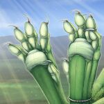  1:1 4_toes blurred_background claws close-up day dewclaw dragon feet female foot_focus green_body green_scales hill outside pawpads scales sharp_claws sunrays toe_claws toes twilightsaint watermark white_pawpads 