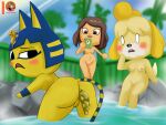  4:3 animal_crossing ankha_(animal_crossing) canid canine canis domestic_cat domestic_dog fan_character feces felid feline felis female female/female group hi_res hot_spring humanoid isabelle_(animal_crossing) mammal moon_pearl nintendo nude outside pooping scat succubi_samus video_games water 