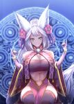  abstract_background accessory animal_humanoid armwear bare_shoulders big_breasts big_ears black_clothing black_legwear black_topwear blue_eyes bottomwear bracelet breasts canid canid_humanoid canine canine_humanoid cleavage clothed clothing curvy_figure detached_sleeves erune female flower flower_in_hair fluffy fluffy_ears fluffy_tail fox_humanoid fox_shadow_puppet front_view fully_clothed fur gesture gollizo granblue_fantasy hair hair_accessory hi_res hourglass_figure humanoid humanoid_hands jewelry legwear light_body light_skin loincloth long_ears long_hair looking_at_viewer magic magic_circle mammal mammal_humanoid midriff monotone_body monotone_fur monotone_hair navel pink_clothing plant purple_clothing sitting small_waist smile societte_(granblue_fantasy) solo thigh_highs topwear tube_top white_body white_fur white_hair wide_hips 