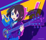  absurdres artist_name background_text bangs blue_eyes buttons electric_guitar english_text gibson gibson_les_paul guitar hair_between_eyes hair_ornament hairclip hands_up heterochromia highres hirasawa_yui instrument jacket k-on! light_blush long_sleeves multicolored multicolored_background music open_mouth playing_instrument purple_background purple_eyes ribbon school_uniform shadow shirt short_hair signature skirt smile taqi99 yellow_background 