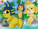  4:3 animal_crossing ankha_(animal_crossing) anus breasts butt canid canine canis cellphone domestic_cat domestic_dog fan_character felid feline felis female female/female group hi_res hot_spring isabelle_(animal_crossing) mammal moon_pearl nintendo nipples nude outside phone presenting presenting_hindquarters smartphone succubi_samus taking_picture video_games villager_(animal_crossing) water 