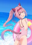  1girl animal_ears ass beach bow casual_one-piece_swimsuit from_behind hair_bow hair_intakes haru_urara_(umamusume) headband highres horse_ears horse_girl horse_tail innertube long_hair looking_back ocean one-piece_swimsuit open_mouth outdoors pink_eyes pink_hair pink_swimsuit ponytail ribbon saeki_tatsuya sky smile solo swimsuit symbol-shaped_pupils tail umamusume 