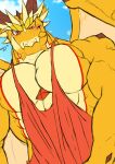  absurd_res anthro blush clothing dragon hi_res horn male muscular muscular_anthro muscular_male ophion pecs scales shirt solo tank_top tokyo_afterschool_summoners topwear toranoyouhei video_games yellow_body yellow_scales 