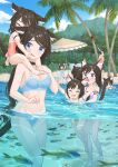 1boy 6+girls animal_ear_fluff animal_ears arms_up bangs beach black_choker black_hair blue_bra blue_eyes blue_panties blush bra carrying cat_ears cat_tail child choker closed_eyes day face_grab family fang fish forest highres long_hair looking_at_another multiple_girls nature nekoze_(s22834712) one-piece_swimsuit open_mouth original palm_tree panties parted_bangs short_hair shoulder_carry standing swimsuit tail tree tu_ya_(nekoze) underwear wet wet_hair 
