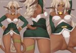  1girl :3 :d aisha_clanclan animal_ears aqua_eyes ass_visible_through_thighs bell belt belt_pouch braid breasts cat_tail collar commentary dark_skin dark_skinned_female diadem english_commentary facial_mark fang fang_out fangs grey_background hands_on_hips iwbitu-sa jingle_bell long_hair looking_at_viewer medium_breasts multiple_views neck_bell open_mouth outlaw_star platinum_blonde_hair pouch simple_background single_braid smile spread_legs tail thick_eyebrows twitter_username very_long_hair white_collar 