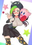  1girl black_hair black_skirt blue_eyes blush cherry-bosoms feet_out_of_frame glasses gloves green_eyes green_hair hands_up highres kirby kirby_(series) looking_at_viewer multicolored_hair open_mouth phayla_(mr_december206) ponytail print_legwear rectangular_eyewear red-framed_eyewear semi-rimless_eyewear short_sleeves skirt smile star_(symbol) star_print thighhighs two-tone_hair under-rim_eyewear v 