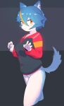 2018 5_fingers ababababa_nova absurd_res anthro blue_body blue_fur blue_hair blush bottomless canid canine clothed clothing ear_tuft female fingers fox fur hair hi_res jacket kemono looking_at_viewer mammal multicolored_body multicolored_fur nanahoshi_suzu orange_eyes simple_background snout solo standing topwear tuft two_tone_body two_tone_fur white_body white_fur 