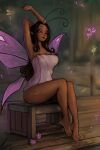  4girls absurdres antennae arms_up barefoot breasts brown_hair cleavage closed_mouth crown crown_removed dark_skin dark_skinned_female english_commentary fairy fairy_wings full_body highres long_hair looking_at_viewer matilda_fiship multiple_girls naked_towel one_eye_closed original pink_wings pixie purple_eyes sitting smile solo_focus stretch towel wet wings 