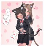  2girls :3 animal_ear_fluff animal_ears bangs black_jacket black_skirt blue_panties border bow bowtie breasts brown_hair buttons cat_ears cat_girl cat_tail clenched_hand closed_mouth collared_shirt commentary drooling english_text eyebrows_visible_through_hair fingering flying_sweatdrops green_eyes grey_vest hair_intakes half-closed_eyes hand_under_clothes heart heart_background highres hug hug_from_behind jacket long_hair long_sleeves looking_at_another looking_down miniskirt motion_lines multiple_girls one_eye_closed one_side_up open_clothes open_jacket open_mouth original outline outside_border panties pink_background pleated_skirt red_bow red_neckwear rune_(pixiv_25170019) saliva school_uniform shirt short_hair sidelocks skirt small_breasts speech_bubble spoken_flying_sweatdrops spoken_heart standing striped striped_panties sweat tail tail_bow tail_ornament talking tears tied_hair trembling underwear vest white_border white_outline white_shirt wince wrist_grab yuri 