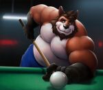  5_fingers anthro belly big_muscles billiard_table billiards blue_eyes braford brown_beard brown_hair canid canine clothed clothing cue_ball cue_stick eyebrows fingernails fingers hair inside looking_at_object looking_down male mammal musclegut muscular muscular_anthro muscular_male nails nipples partially_clothed pecs solo tongue tongue_out 