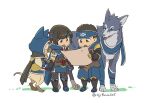  1boy 1girl :d :o animal asaya_minoru blue_cape blue_headband blue_pants brown_eyes brown_hair brown_legwear canyne cape cat felyne fishnet_legwear fishnets gauntlets green_eyes headband holding kamura_(armor) monster_hunter_(series) monster_hunter_rise open_mouth pants puffy_pants smile standing thighhighs twitter_username white_background wolf 