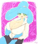  big_breasts big_ears blue_body blue_skin bodily_fluids breasts clock clothed clothing female floppy_ears green_eyes humanoid jacket keyhat_tk10 looking_at_viewer solo spats standing sweat tongue tongue_out topwear unknown_character unknown_species watch zipper 