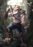  2021 abs absurd_res anthro belt clothing detailed_background felid fur hi_res male mammal melee_weapon outside pantherine rukelen signature solo sword tiger weapon 