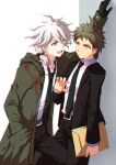  2boys :d ahoge alternate_costume bangs belt black_belt black_gloves black_jacket black_neckwear black_pants bo-tsu_(hyrkgk) brown_hair coat collared_shirt commentary_request danganronpa_(series) danganronpa_2:_goodbye_despair danganronpa_3_(anime) gloves green_coat hand_in_pocket hand_up hinata_hajime holding hood hood_down hooded_coat jacket komaeda_nagito leg_between_thighs long_sleeves looking_at_another low_ponytail male_focus medium_hair messy_hair multiple_boys necktie open_clothes open_coat open_jacket open_mouth pants paper shiny shiny_hair shirt short_hair smile wall_slam white_hair white_shirt 