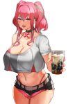 1girl azur_lane belt breasts bremerton_(azur_lane) coffee commentary_request crop_top crop_top_overhang cup drinking_glass glass grey_belt highres holding holding_cup ice ice_cube iced_coffee mole mole_on_breast multicolored_hair navel_piercing piercing sakanaaj1 streaked_hair 