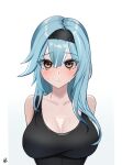  absurdres bare_shoulders blue_hair blush breasts casual cleavage eula_(genshin_impact) genshin_impact hairband highres large_breasts looking_at_viewer sweatdrop tank_top upper_body 
