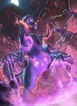  blurry breathing_fire commentary_request evolutionary_line fire from_below gen_7_pokemon highres lizard looking_down moon night open_mouth outdoors poison pokemon pokemon_(creature) salandit salazzle sky spareribs standing tongue 