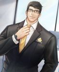  1boy black_hair black_suit formal full_service_(mazjojo) glasses highres ina_zuma looking_at_viewer male_focus necktie official_alternate_costume rald_schwarz short_hair smile solo suit upper_body watch wristwatch 