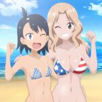  2girls ;d american_flag_bikini arm_around_shoulder arm_around_waist beach bikini black_hair blonde_hair blue_bikini blue_eyes blue_sky breasts cleavage cloud cloudy_sky commentary crossover day fang flag_print girls_und_panzer gogopaint grin hair_intakes halterneck highres hodaka_natsumi houkago_teibou_nisshi kay_(girls_und_panzer) large_breasts long_hair looking_at_viewer multiple_girls navel one_eye_closed one_side_up open_mouth outdoors short_hair sky small_breasts smile standing string_bikini striped swimsuit vertical-striped_bikini vertical_stripes 