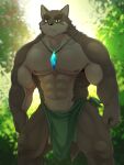  2021 3:4 abs anthro barazoku bottomwear brown_body brown_fur canid canine canis clothed clothing domestic_dog fur hi_res humanoid_hands jewelry kemono kumao loincloth male mammal muscular muscular_anthro muscular_male nature necklace nipples outside pecs solo standing topless topless_male tribal 