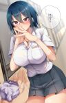 1girl black_skirt blue_hair breasts button_gap collared_shirt commentary_request curvy dress_shirt fingers_together glasses highres in_pocket jewelry large_breasts miniskirt necklace original panties pleated_skirt red-framed_eyewear ryouma_(galley) school_uniform shirt short_hair short_sleeves skirt standing thighs translation_request underwear white_shirt 