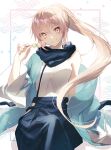  1girl alternate_hair_length alternate_hairstyle bare_shoulders blonde_hair cowboy_shot dango fate/grand_order fate_(series) food hair_between_eyes hakama_pants haori highres hip_vent japanese_clothes kimono long_hair looking_at_viewer okita_souji_(fate) okita_souji_(fate)_(all) scarf sleeveless sleeveless_kimono smile solo tsuyukusa_(eeta7273) wagashi wide_sleeves yellow_eyes 