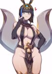  1girl :q black_gloves black_hair blue_eyes blush breasts cleavage earrings egyptian_clothes elbow_gloves eyeliner gloves groin hand_on_hip headwear heart highres jewelry jin_rou looking_at_viewer makeup navel original revealing_clothes short_hair simple_background smile solo tongue tongue_out white_background 