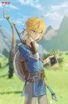  1boy ahoge bangs belt blonde_hair blue_eyes blue_shirt blurry blurry_background bow_(weapon) brown_belt closed_mouth cloud cowboy_shot day depth_of_field earrings frown grass grey_pants hand_on_own_neck heart highres holding jewelry link looking_at_viewer male_focus medium_hair outdoors pants pointy_ears sheikah_slate shield shirt sky solo sword the_legend_of_zelda the_legend_of_zelda:_breath_of_the_wild tree tunic unmyeong weapon 