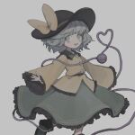  1girl bangs black_footwear black_headwear boots bow frilled_skirt frills green_eyes green_skirt grey_background grey_hair hat hat_bow heart heart_of_string komeiji_koishi long_sleeves open_mouth pi_p_y shirt simple_background skirt solo third_eye touhou wide_sleeves yellow_bow yellow_shirt 