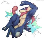  2021 anthro blue_body genitals greninja hi_res long_tongue male muscular muscular_anthro muscular_male nintendo penis pok&eacute;mon pok&eacute;mon_(species) red_eyes solo tongue tongue_out video_games zi_ran 