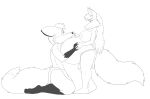  absurd_res anthro belly big_belly bottomwear breasts canid canine clothed clothing duo female fox fur hair hand_on_stomach hi_res kneeling loincloth long_hair male male/female mammal monochrome nipples ozzy-wildwind pink_nose pregnant sketch smile standing topless topless_female topless_male tribal 