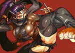  1girl arm_guards bangs barefoot breasts eyeshadow fishnet_top fishnets foreshortening gesogeso headband high_ponytail long_hair makeup mask mouth_mask ninja ninja_mask orange_eyes original purple_hair red_background red_eyeshadow rope scarf shiny shiny_clothes simple_background solo spread_legs stake swept_bangs tassel thighhighs thighs tied_hair 