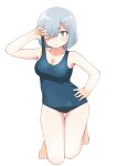  1girl barefoot blue_eyes blue_swimsuit breasts cleavage full_body hair_ornament hair_over_one_eye hairclip hamakaze_(kancolle) highres kantai_collection kneeling large_breasts looking_at_viewer school_swimsuit short_hair silver_hair simple_background solo swimsuit toplow white_background 
