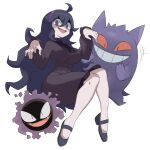  1girl 2others @_@ ahoge arms_up bangs black_footwear black_hair breasts colored_sclera dress fangs flowers-imh frilled_dress frills full_body gastly gen_1_pokemon gengar grin hair_between_eyes headband hex_maniac_(pokemon) highres large_breasts laughing long_hair looking_at_viewer mary_janes messy_hair midair multiple_others open_mouth pencil_dress pokemon pokemon_(game) pokemon_xy purple_dress purple_eyes purple_headband red_sclera shoes simple_background sitting slit_pupils smile tail turtleneck very_long_hair white_background 