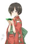  1girl absurdres artist_name bangs black_hair blunt_bangs brown_eyes commentary_request cowboy_shot cup dated fyuo highres holding holding_saucer japanese_clothes kimono mushishi one-hour_drawing_challenge red_kimono renzu_(mushishi) sakazuki saucer short_hair simple_background solo white_background 